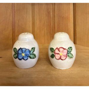 Vintage Pink Blue Flowers Ceramic Set of Salt and Pepper Shakers Floral Hand Pai